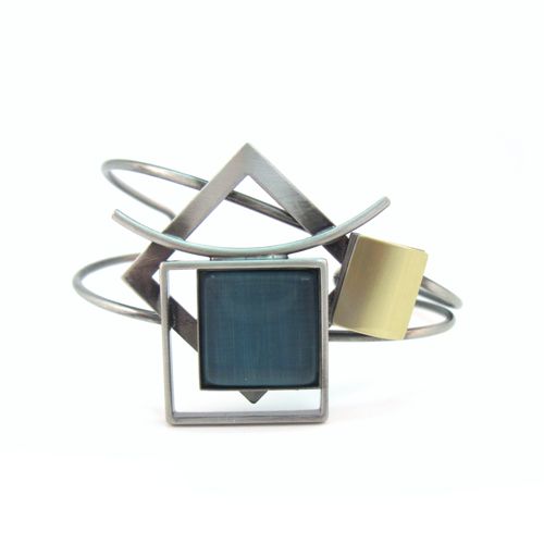 Two-tone Squares and Blue Catsite Cuff Bracelet by Crono